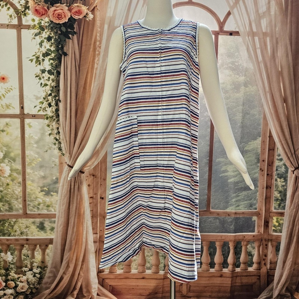 Vintage 1970s Dress Shift Housedress Horizontal Striped Sleeveless Komar Leisure
